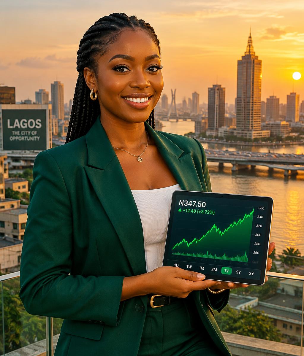 Nigerian investor holding a tablet with a rising chart over Lagos